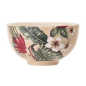 Bloomingville Aruba Müslischale Blumenmuster: stehende beige Schale mit äußerem Motiv von Palmenblätter, Blüten und Vogel