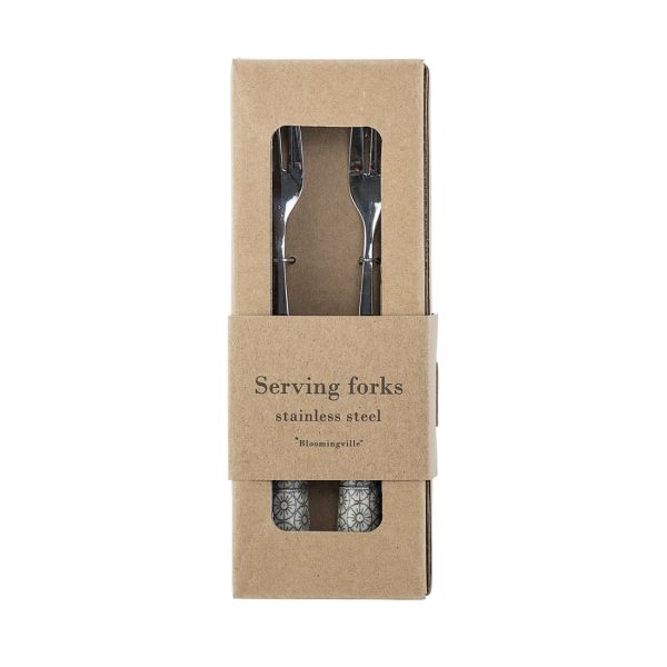 Bloomingville Cecile Set Serviergabeln aus Edelstahl mit beigem Steingut Griff mit Sonnen-Muster in brauner Verpackung auf weißem Hintergrund