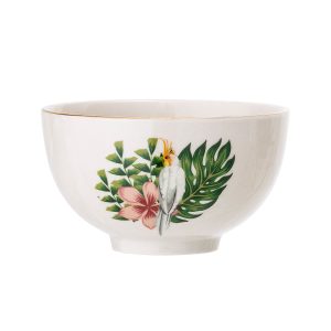 Bloomingville Moana Müslischale Blumen: stehende beige Schale mit oberen Gold-Rand mit Abbildung von Papagei mit Palmenblatt und Blüte auf weißem Hintergrund