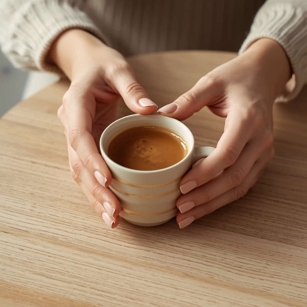 Über Uns Shop Meine Schatzkiste - 2 Hände halten eine Tasse Kaffee im skandinavischen Stil