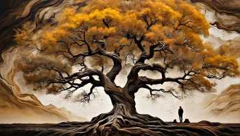 Knorriger, alter Baum mit weit verzweigten Ästen – Symbol für Ursprung, Wachstum und die Wurzeln des Lebens.